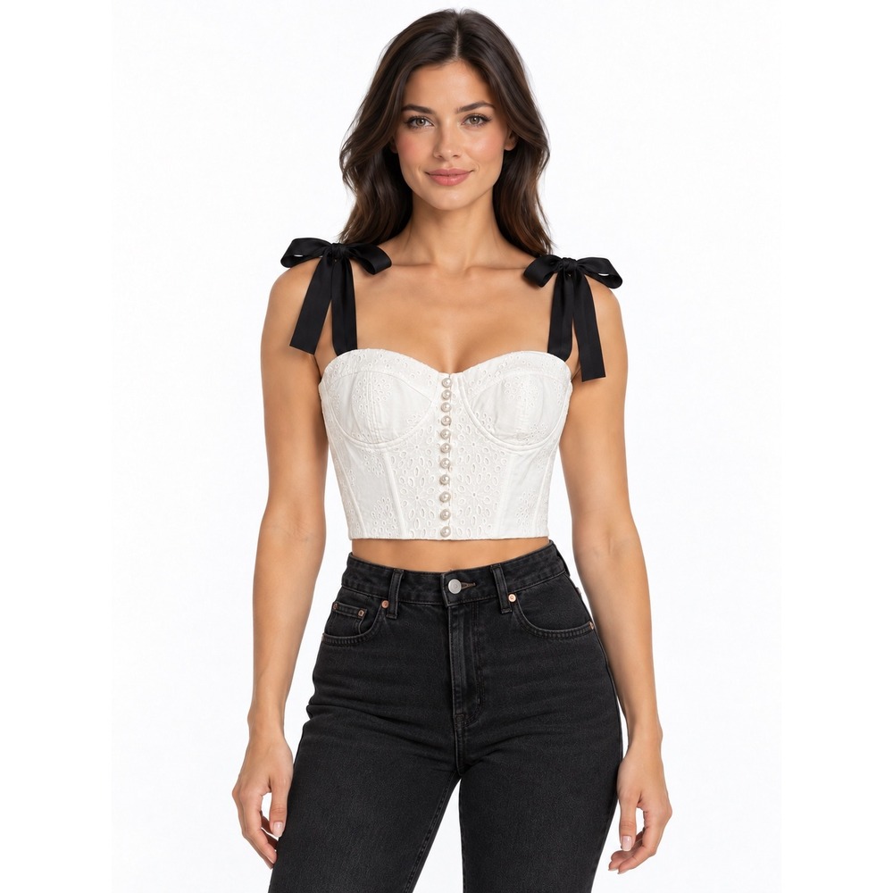House of CB Roccoco White Eyelet Corset Top Pearl Buttons Black Ribbon Ties L+